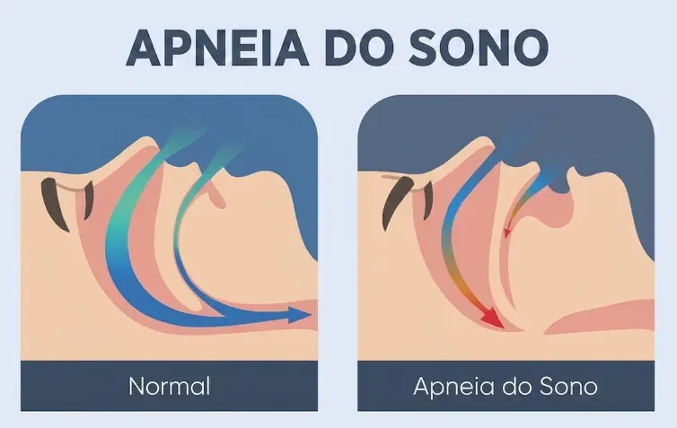 Ilustração comparando o fluxo de ar nas vias aéreas durante o sono: passagem normal e desobstruída ao lado de uma via aérea estreitada e obstruída na apneia do sono
