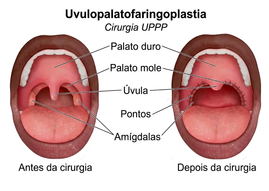 Ilustração da uvulopalatofaringoplastia (cirurgia UPPP), mostrando palato duro, palato mole, úvula e amígdalas antes e depois da cirurgia