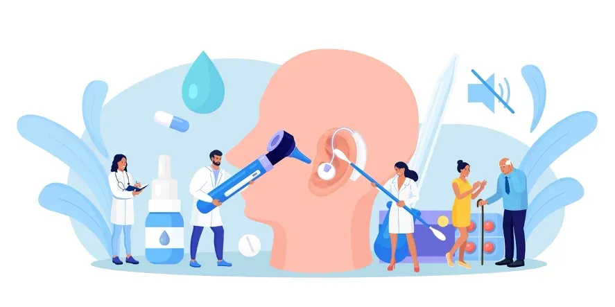 Ilustração representando o cuidado otorrinolaringológico: médicos examinando o ouvido com otoscópio e ajustando um aparelho auditivo, ao lado de pacientes de diferentes idades e de medicações e gotas para o ouvido