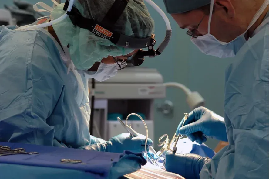 Dois cirurgiões otorrinolaringologistas em centro cirúrgico, um deles usando capacete com lupa, operando com instrumentais cirúrgicos em close-up